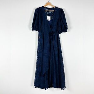 NEW Abbey Glass Diane Floral Flower Burn Out Wrap Midi Dress Navy Blue Chiffon S